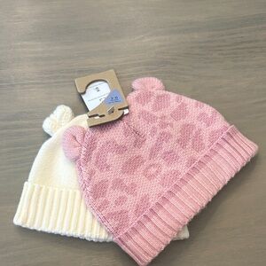 Pink and Cream Baby Girls Beanie Set of 2